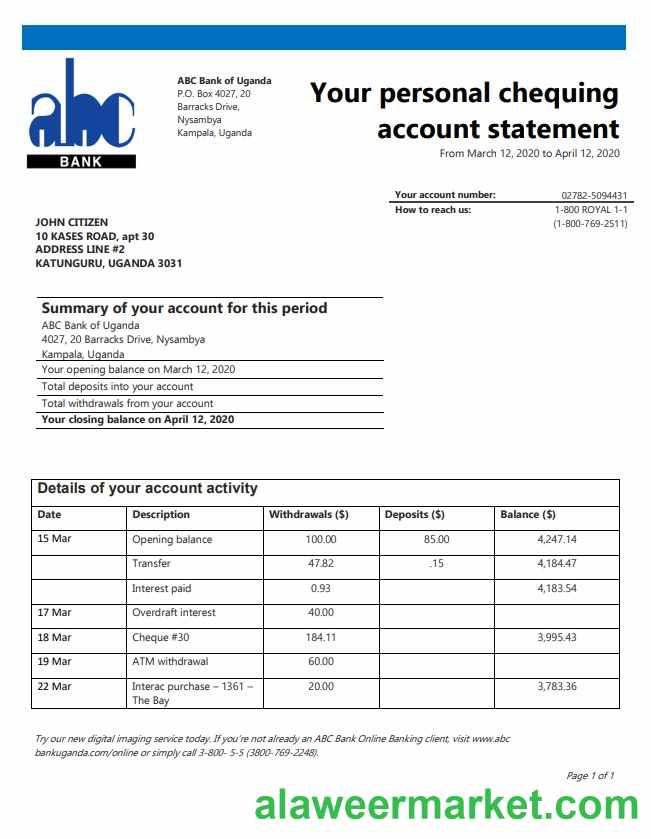 Uganda ABC Bank of Uganda proof of address bank statement template in Word and PDF format (.doc and .pdf)